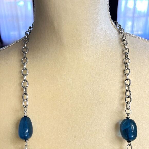 Statement Silver Tone chain Bead Blue Necklace 45 in + 2.5 in Ext. - Picture 10 of 10